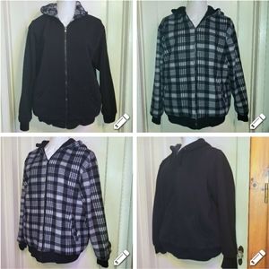 VTG Original Deluxe Reversible Plaid Hoodie Jacket XL Black Gray Full Zip